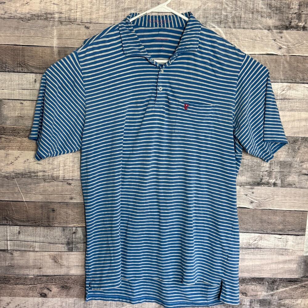 B Draddy USA Polo Shirt Mens Large Light Blue White Striped Pocket Golf Cotton